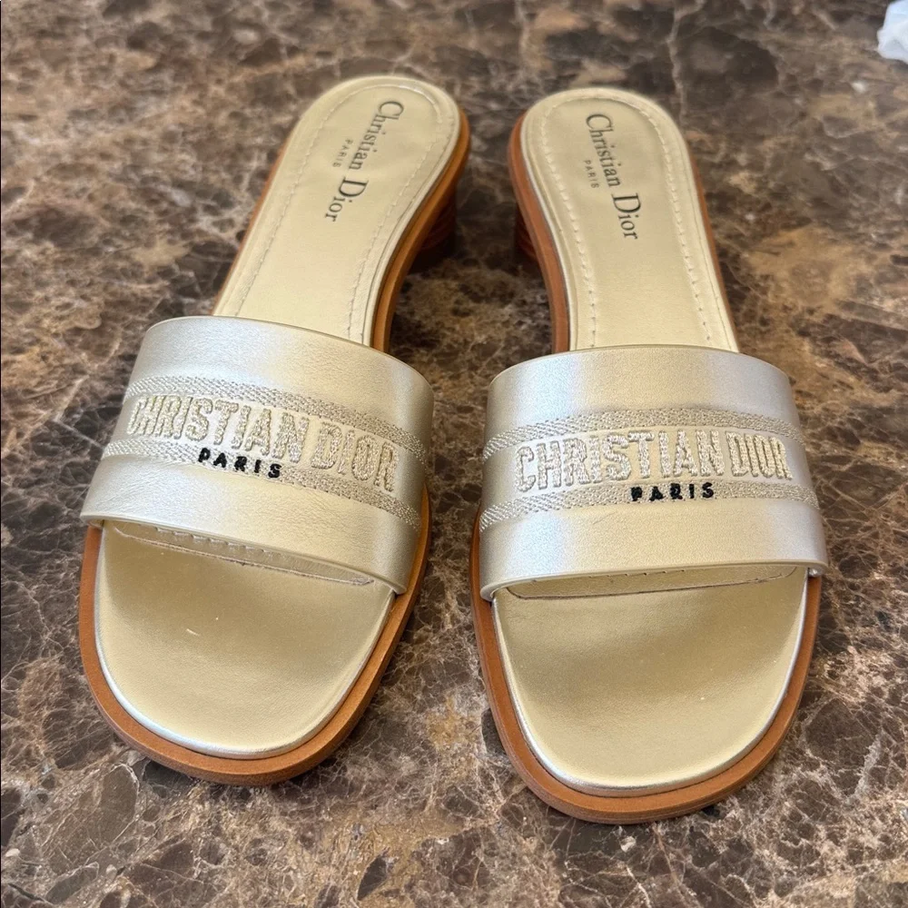 Christian Dior dway slides pale gold logo sandals block heel sz 39 - Picture 2 of 10